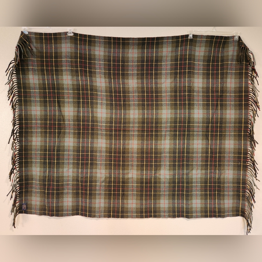 Vintage Early 1900s Pendleton Woven Wool Blanket In Green Gray Red & Yellow
